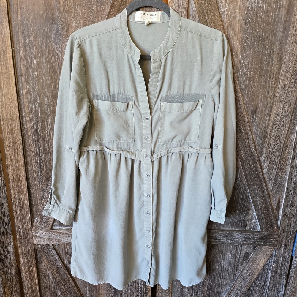 Anthropologie Cloth & Stone Dress Women's‎ Size PS Light Olive Green Button Up